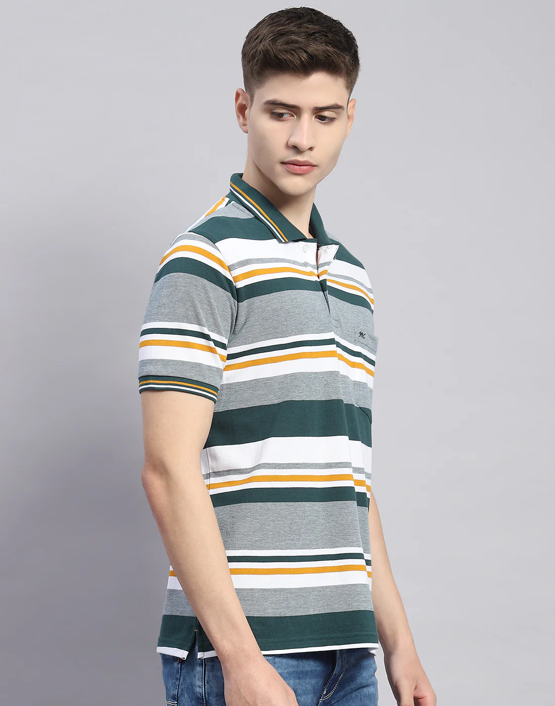 Men Green Stripe Polo Collar Half Sleeve T-Shirt - Image 5