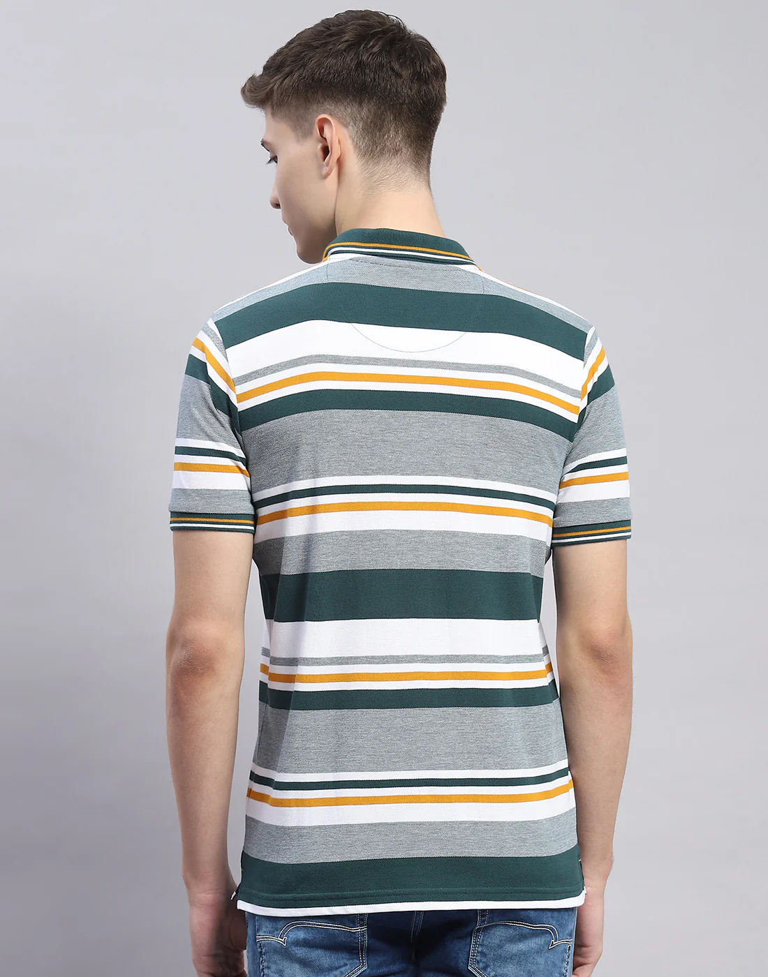 Men Green Stripe Polo Collar Half Sleeve T-Shirt - Image 6