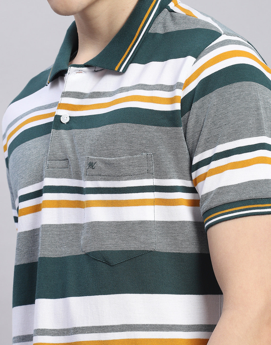 Men Green Stripe Polo Collar Half Sleeve T-Shirt - Image 7