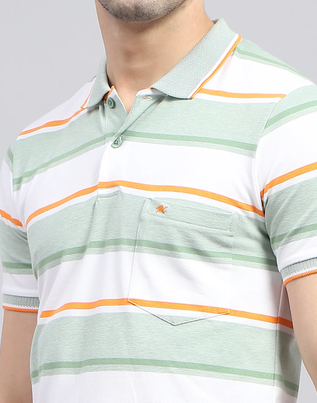 Men Green Stripe Polo Collar Half Sleeve T-Shirt - Image 6