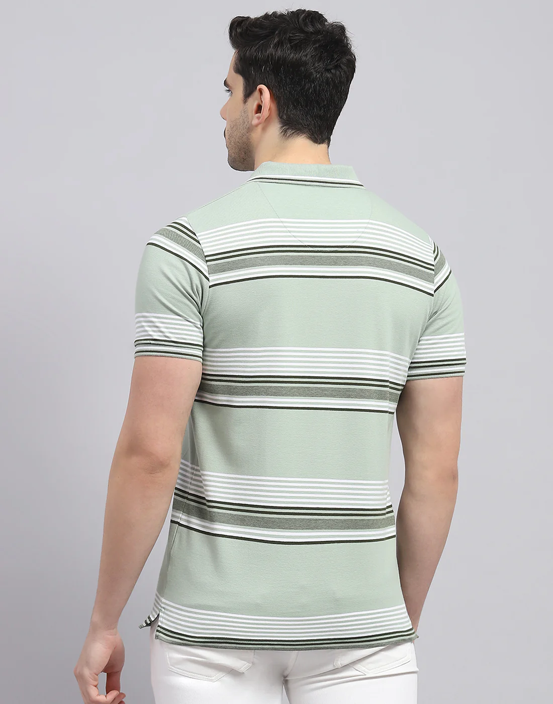Men Green Stripe Polo Collar Half Sleeve T-Shirt - Image 5