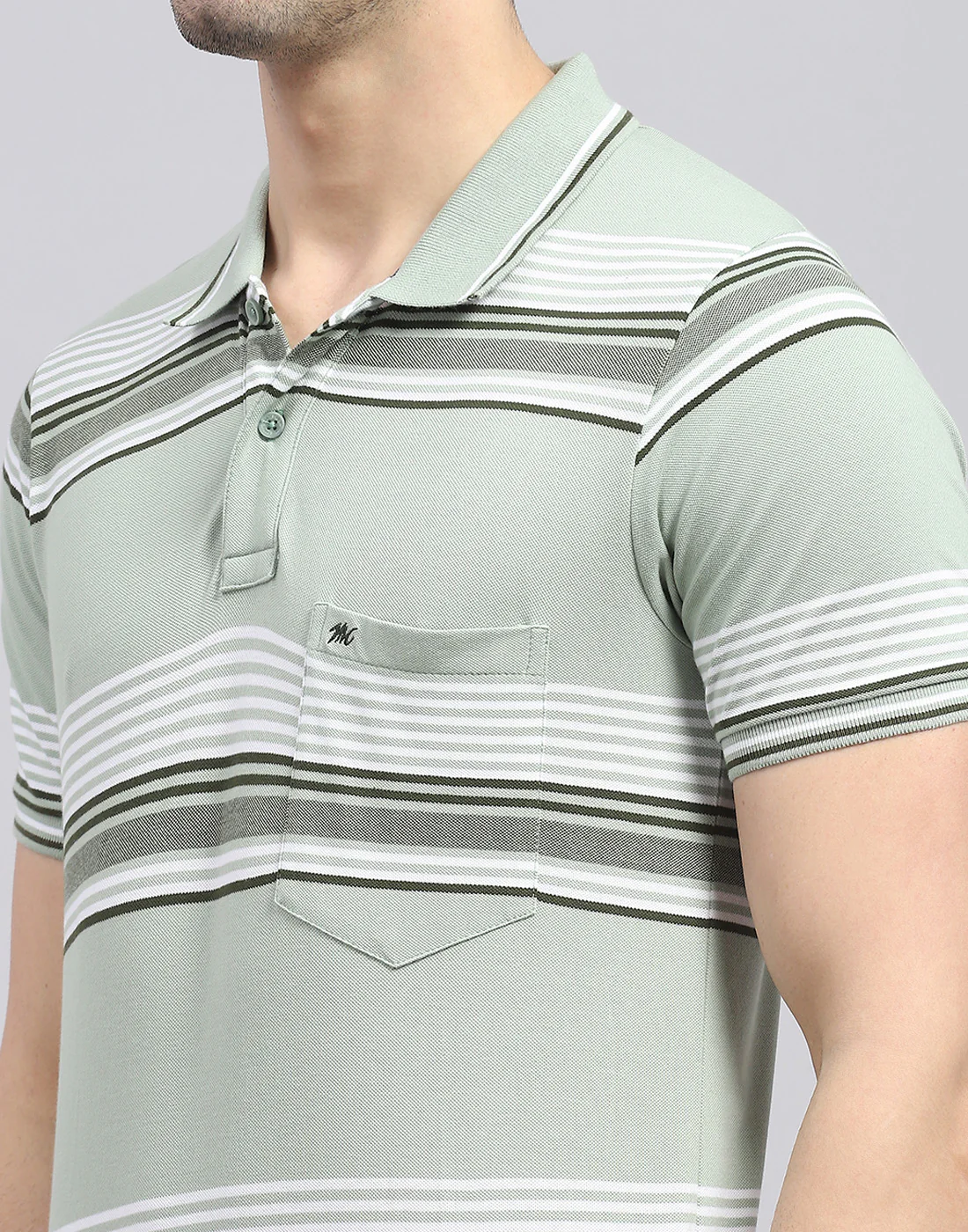 Men Green Stripe Polo Collar Half Sleeve T-Shirt - Image 6