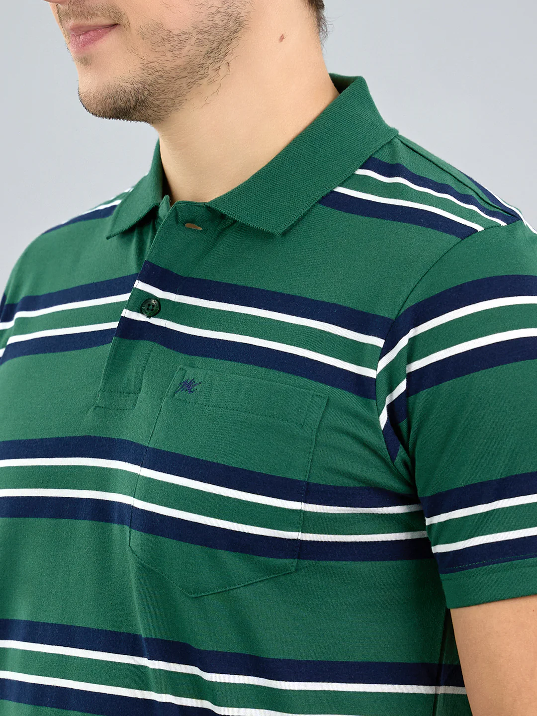 Men Green Stripe Polo Collar Half Sleeve T-Shirt - Image 5