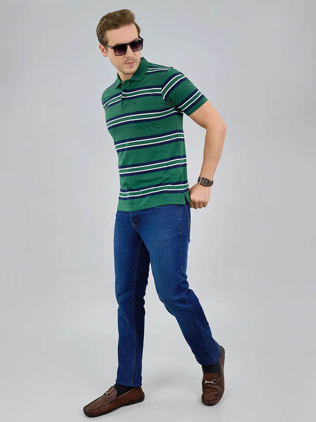Men Green Stripe Polo Collar Half Sleeve T-Shirt - Image 6