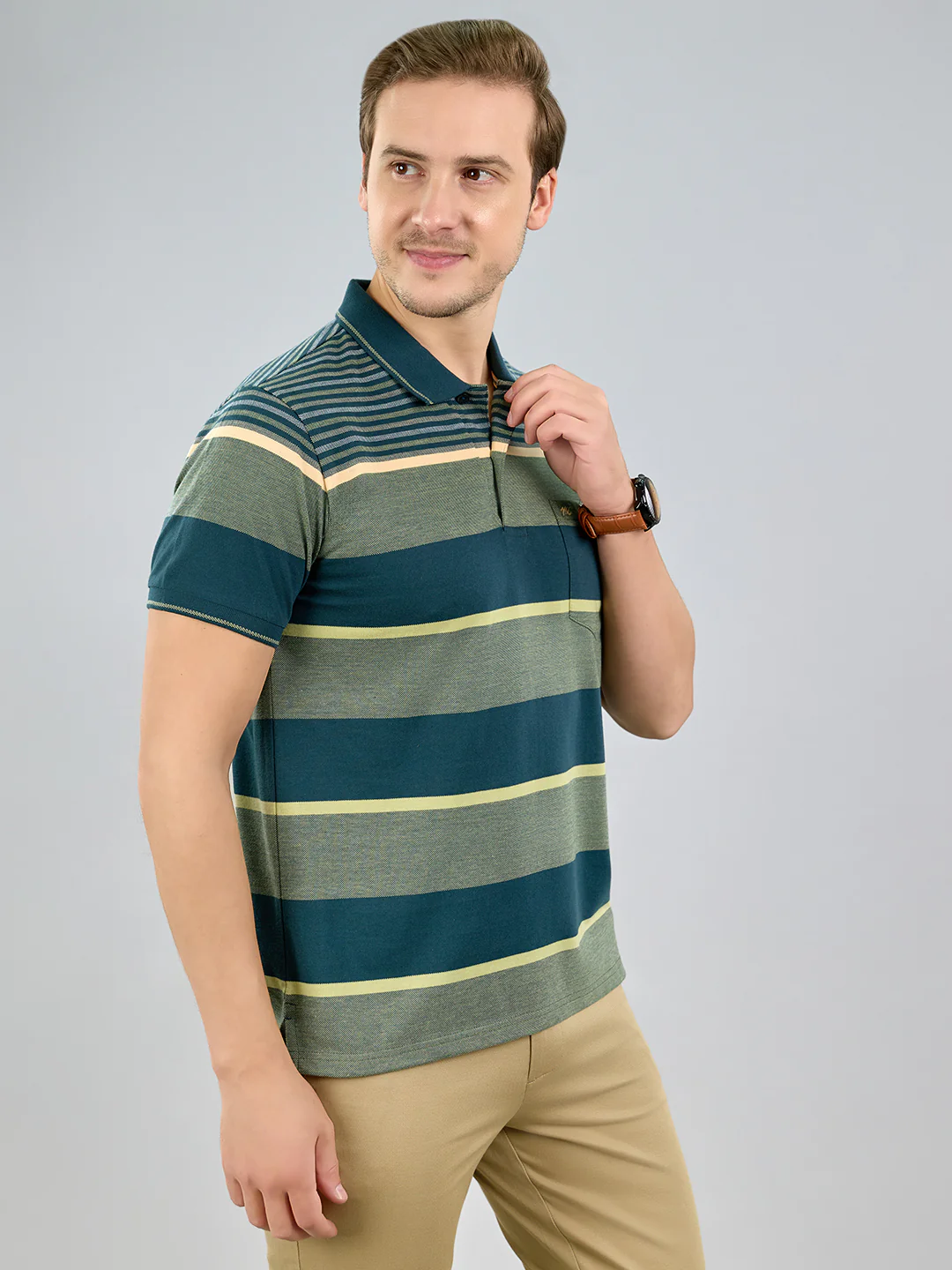 Men Green Stripe Polo Collar Half Sleeve T-Shirt - Image 3
