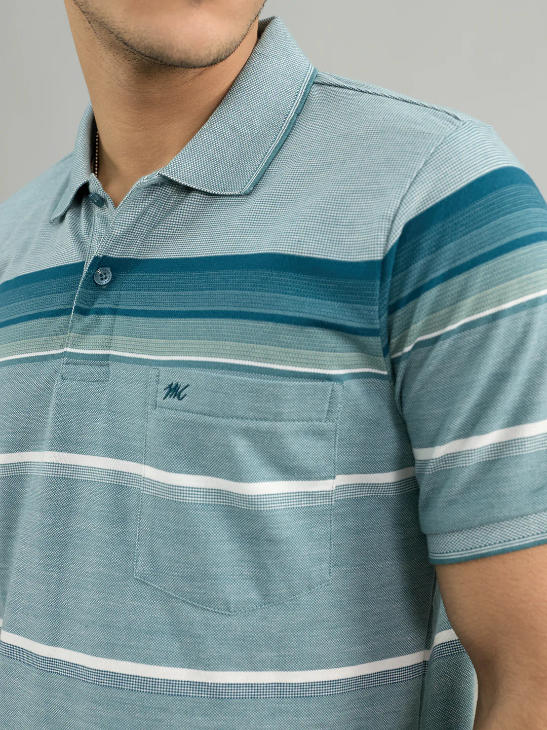 Men Green Stripe Polo Collar Half Sleeve T-Shirt - Image 5