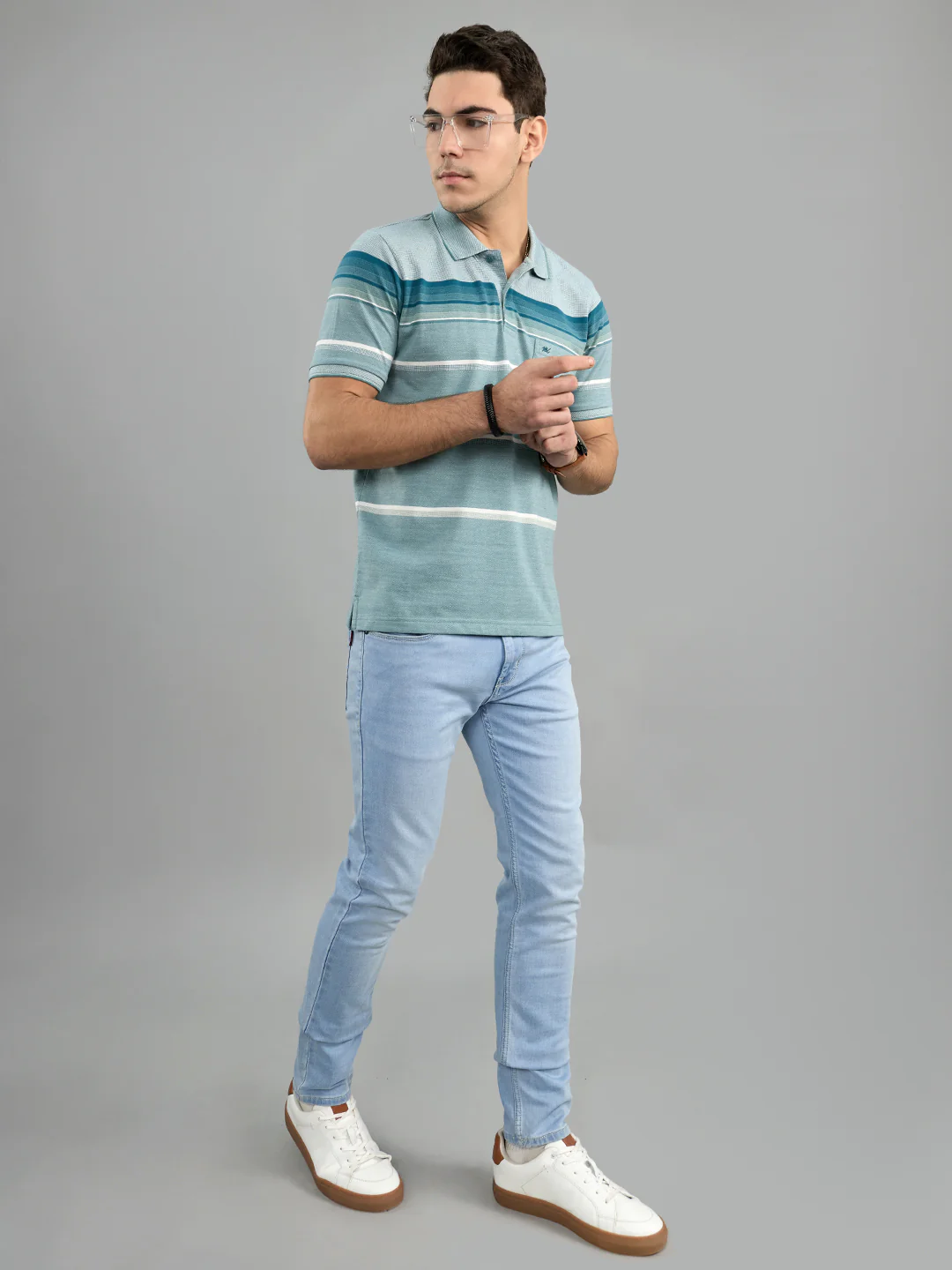 Men Green Stripe Polo Collar Half Sleeve T-Shirt - Image 6