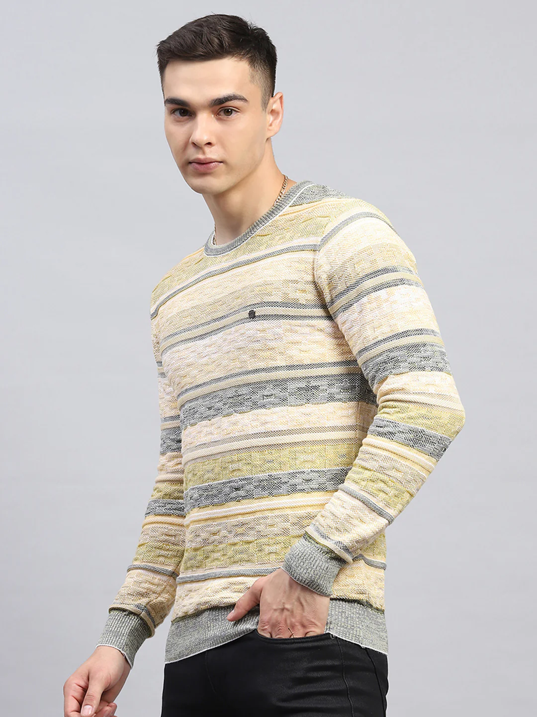 Men Green Stripe Round Neck Full Sleeve Pullover - Image 3