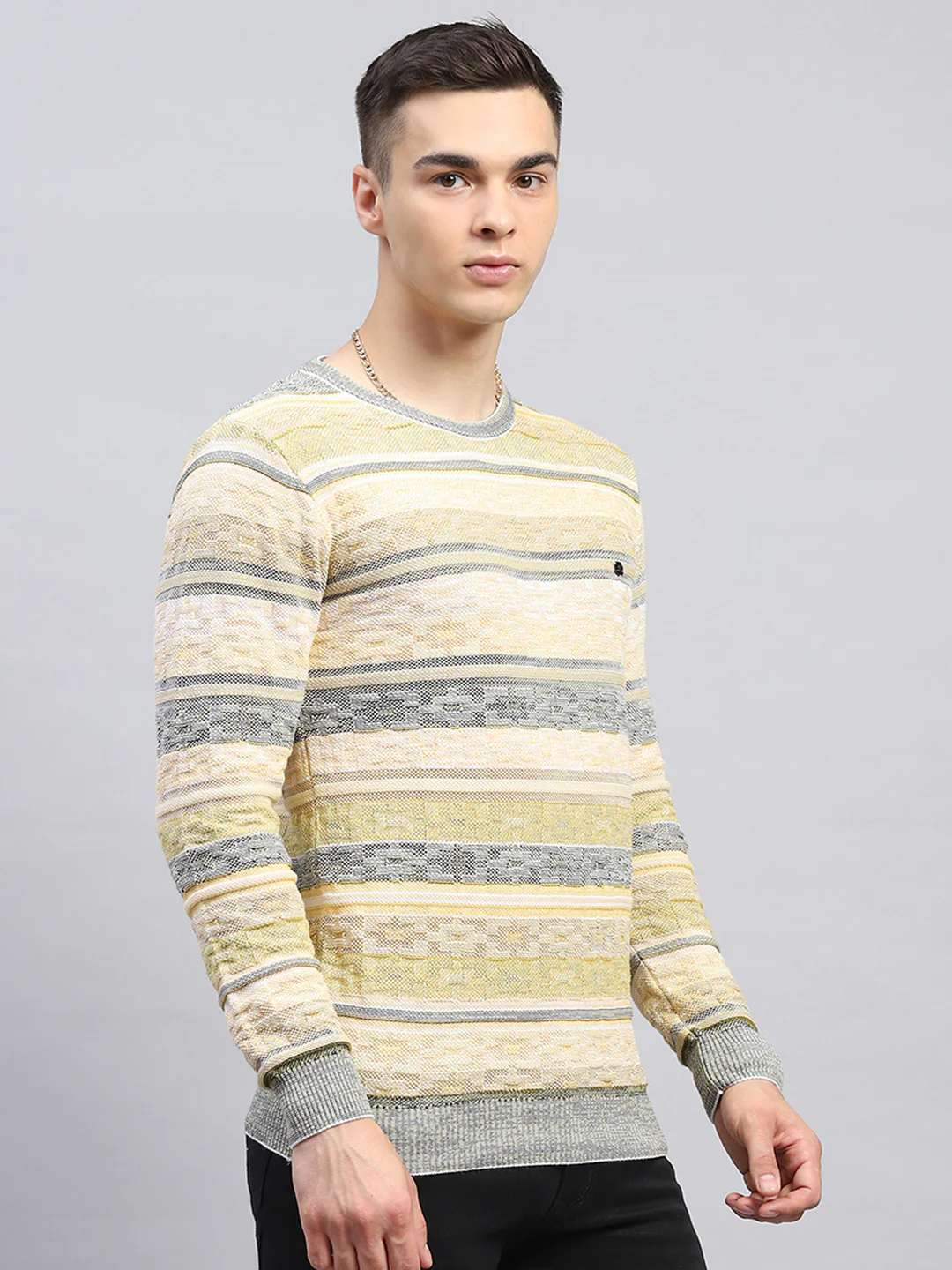 Men Green Stripe Round Neck Full Sleeve Pullover - Image 4