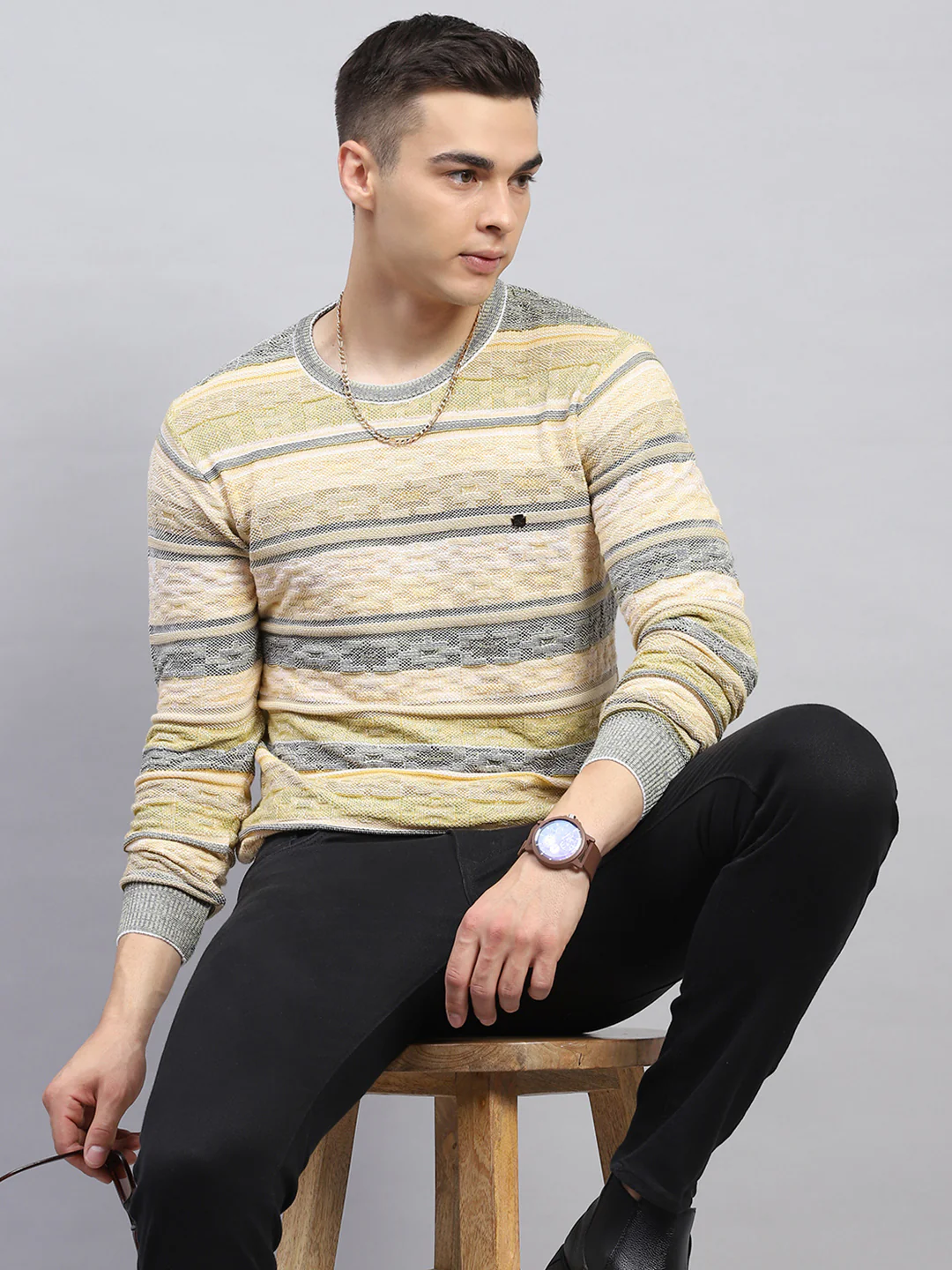 Men Green Stripe Round Neck Full Sleeve Pullover - Image 6