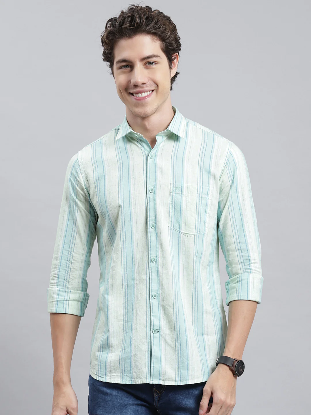 Men Green Stripe Shirt - Image 2