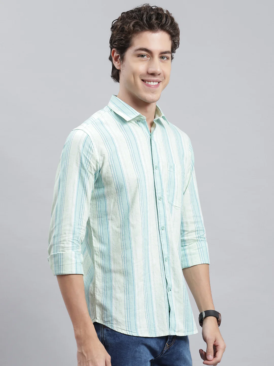 Men Green Stripe Shirt - Image 3