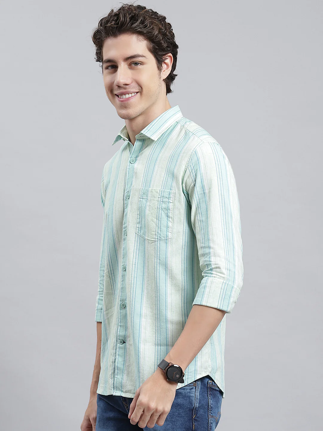 Men Green Stripe Shirt - Image 4