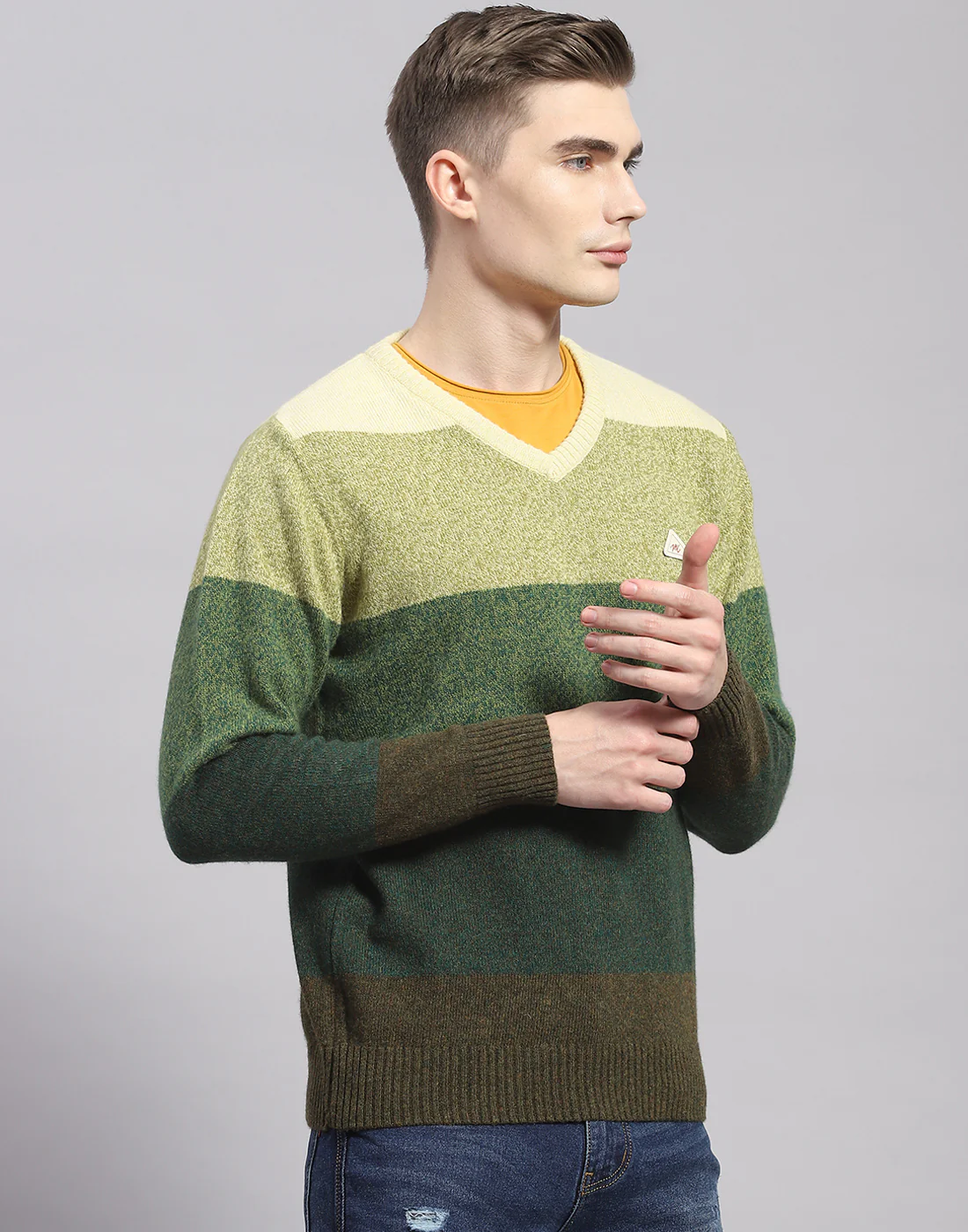 Men Green Stripe V Neck Full Sleeve Pullover - Image 4