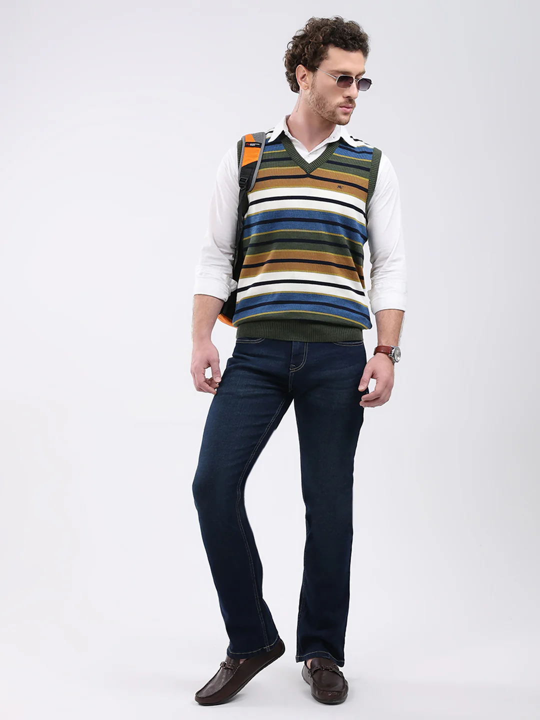 Men Green Stripe V Neck Sleeveless Sweater - Image 2