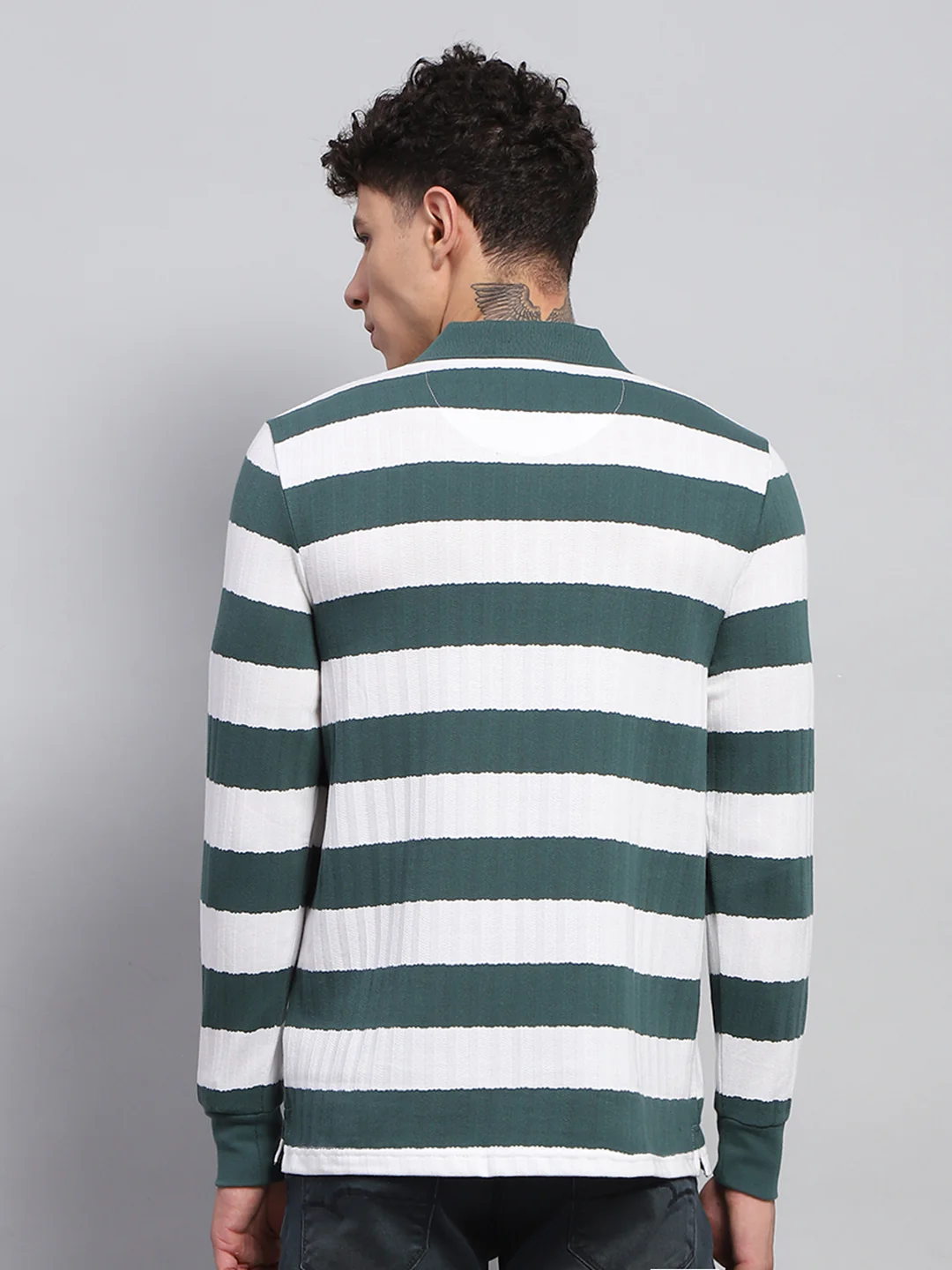 Men Green & White Stripe Collar Full Sleeve Winter T-Shirt - Image 5