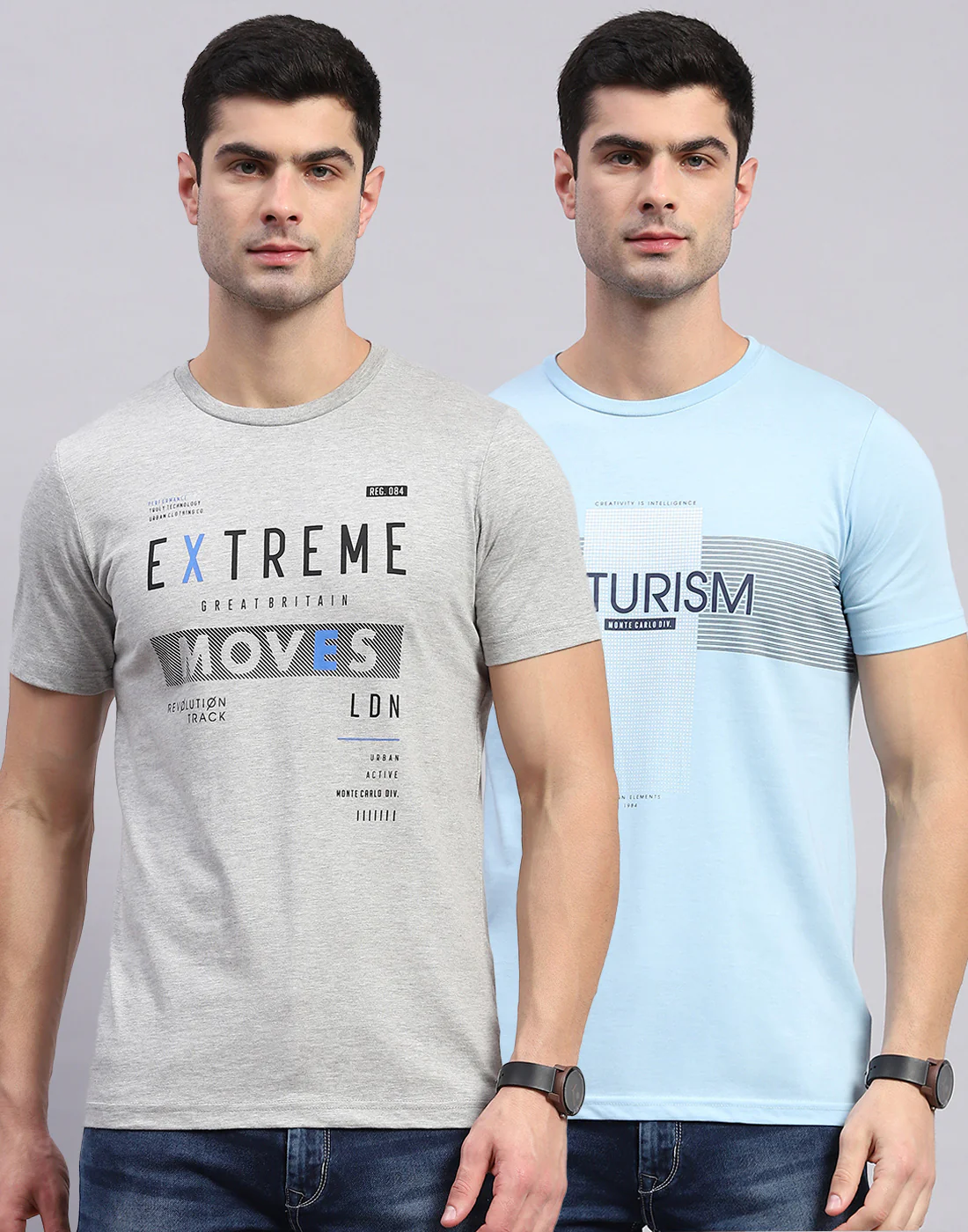 Men Grey & Blue Solid Round Neck Half Sleeve T-Shirt - Image 2