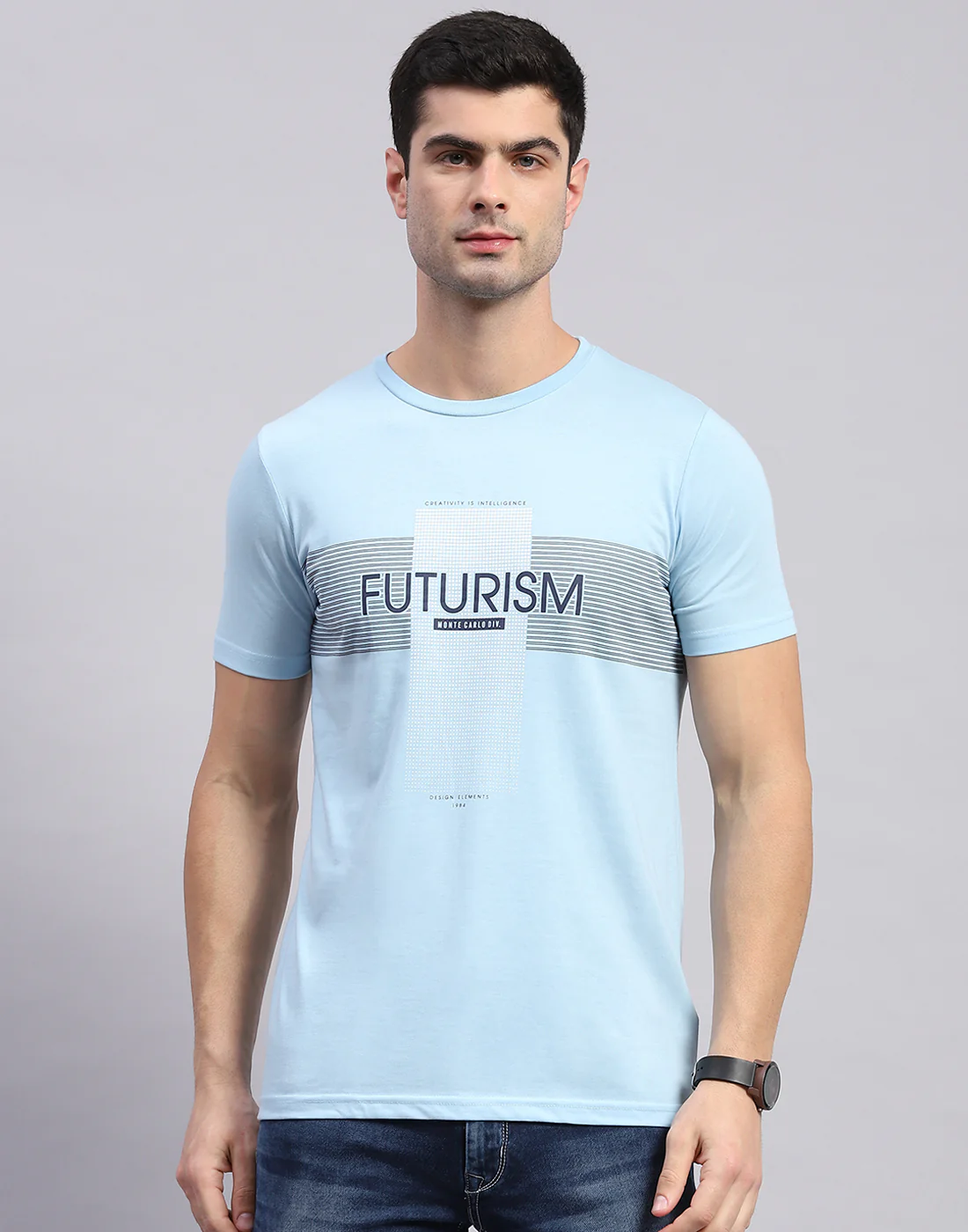 Men Grey & Blue Solid Round Neck Half Sleeve T-Shirt - Image 3