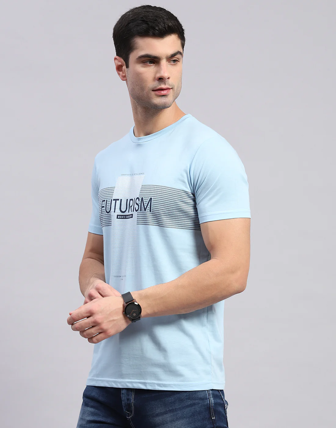 Men Grey & Blue Solid Round Neck Half Sleeve T-Shirt - Image 4