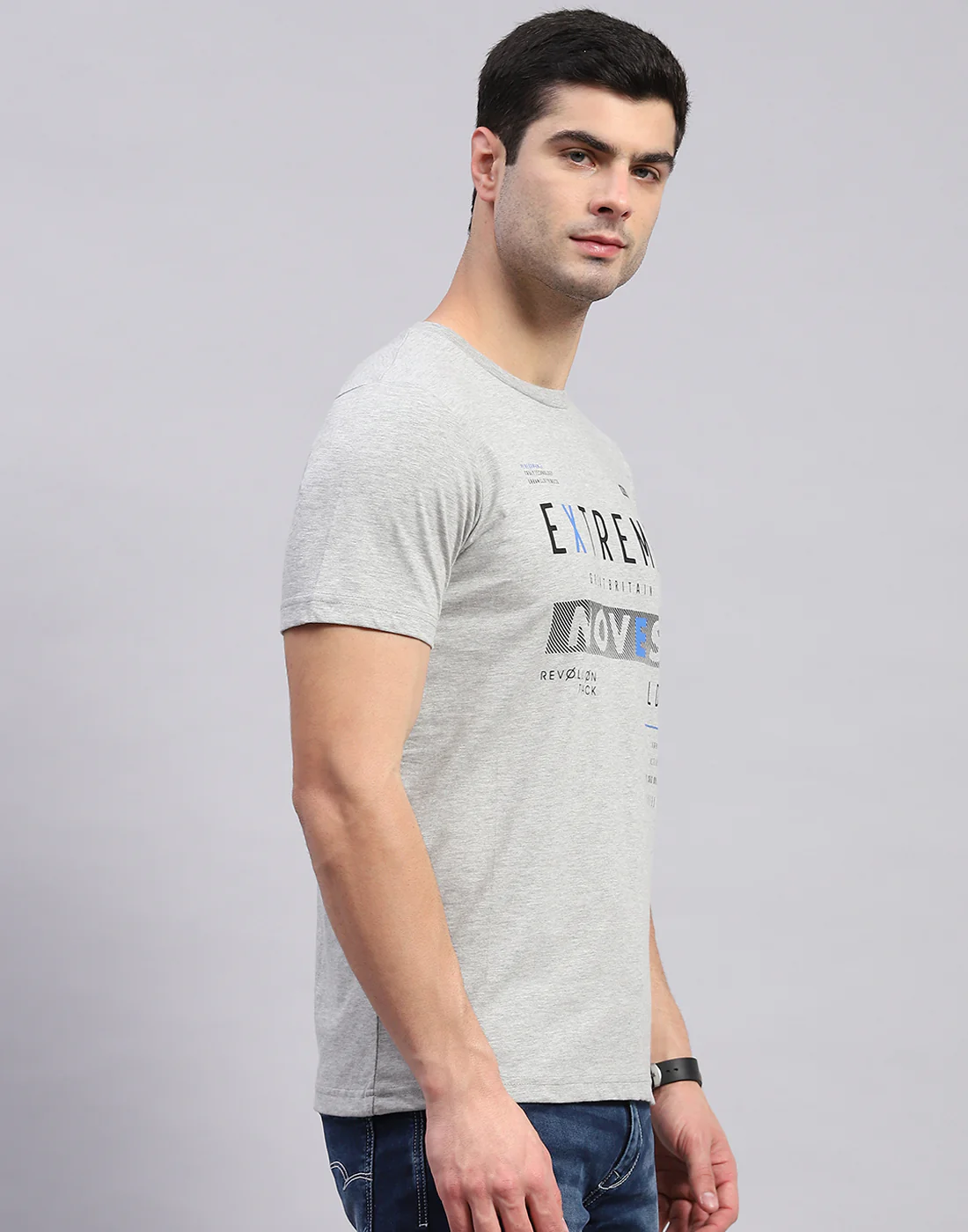 Men Grey & Blue Solid Round Neck Half Sleeve T-Shirt - Image 8