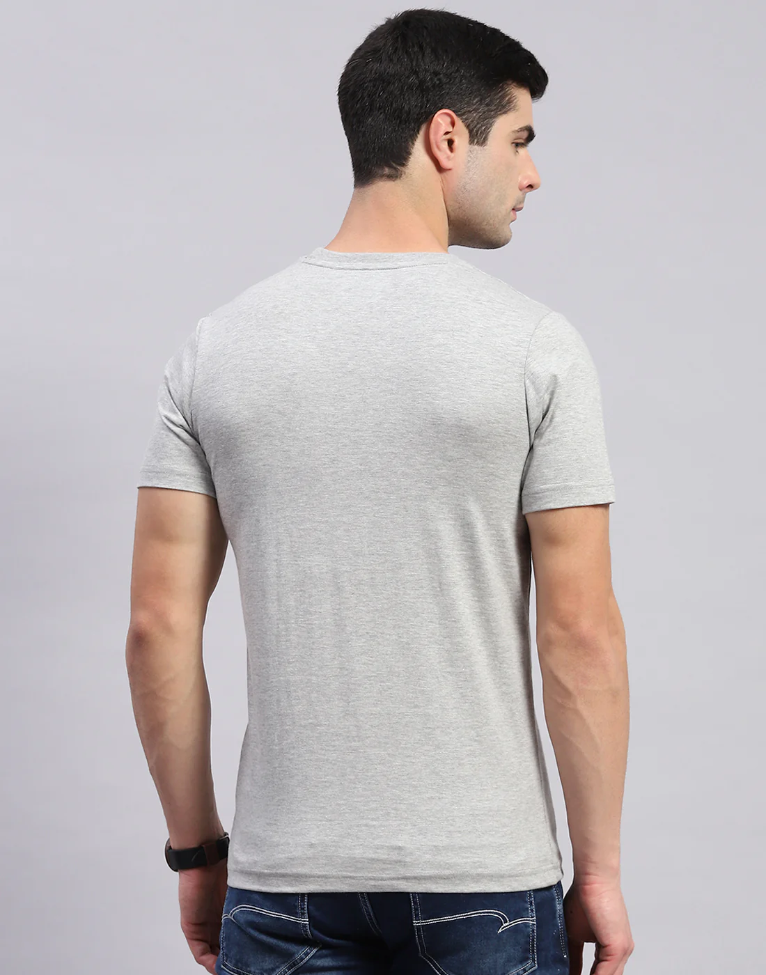 Men Grey & Blue Solid Round Neck Half Sleeve T-Shirt - Image 9