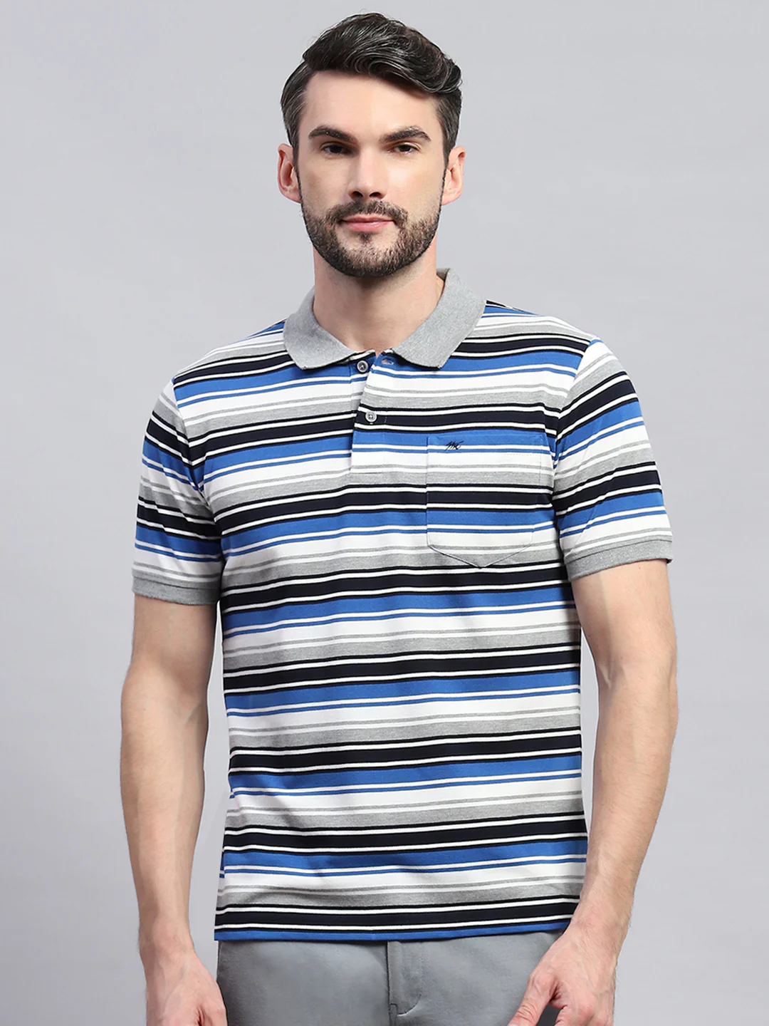 Men Grey & Blue Stripe Collar Half Sleeve T-Shirt - Image 2