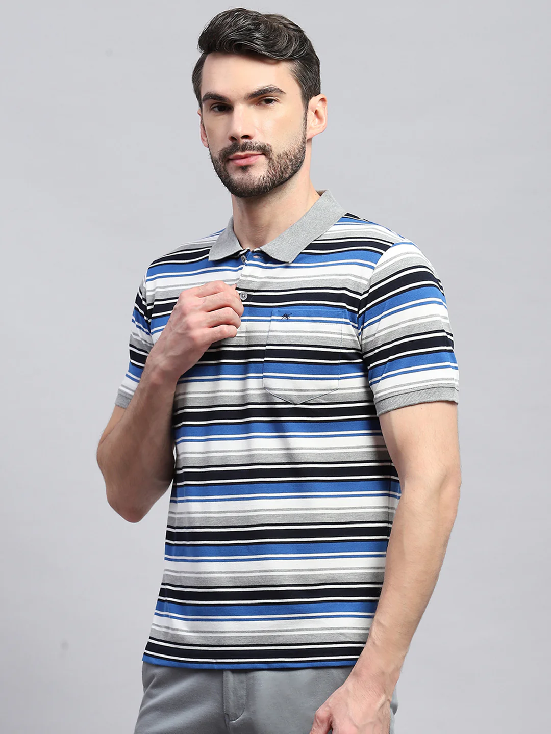 Men Grey & Blue Stripe Collar Half Sleeve T-Shirt - Image 3