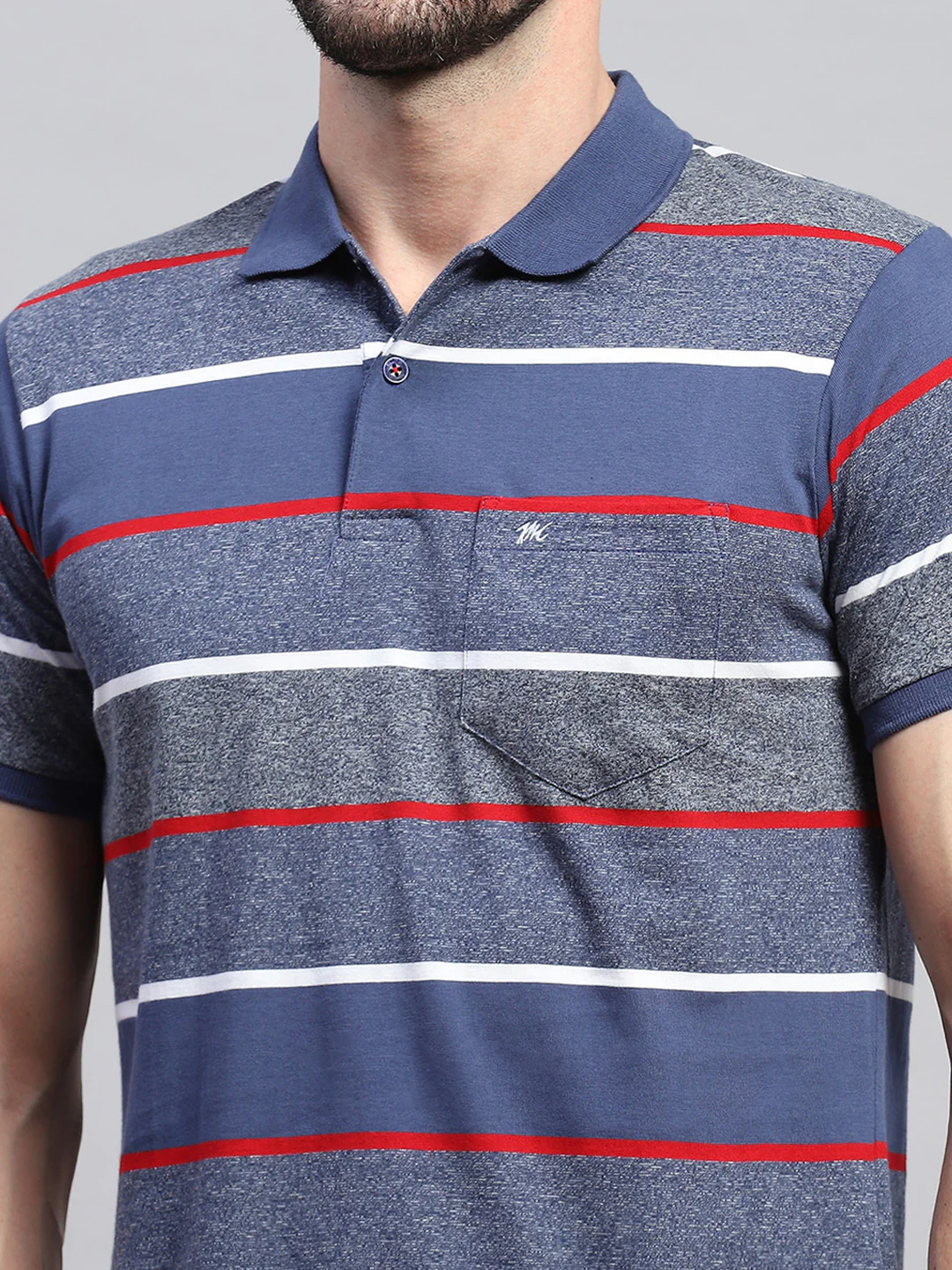 Men Grey & Blue Stripe Collar Half Sleeve T-Shirt - Image 6