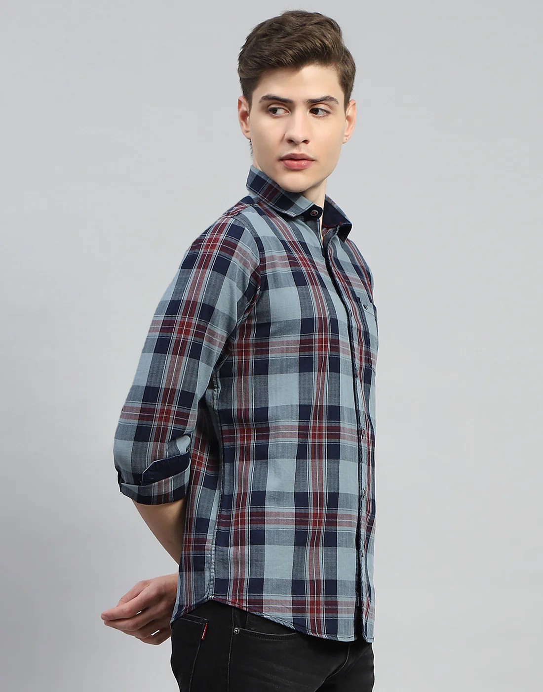 Men Grey Check Collar Full Sleeve Shirt - Image 4