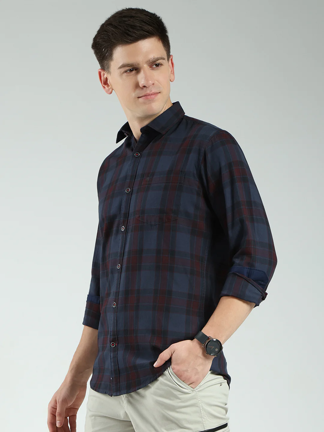 Men Grey Check Collar Full Sleeve Shirt - Image 3