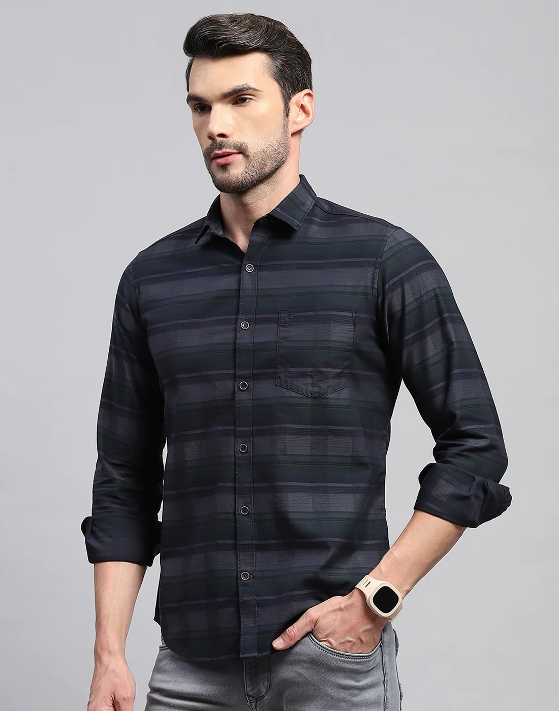 Men Grey Check Collar Neck Full Sleeve Shirt - Image 3
