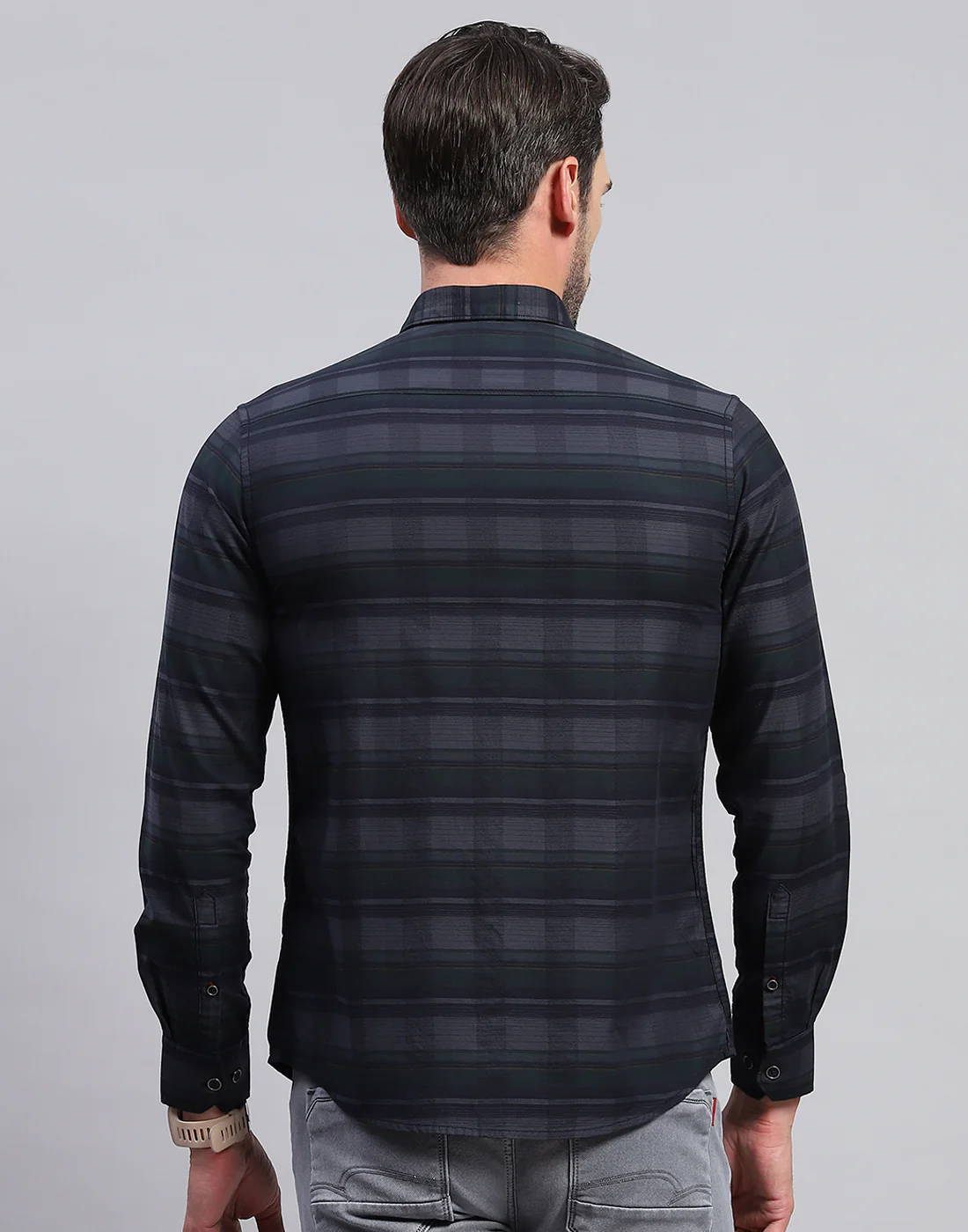 Men Grey Check Collar Neck Full Sleeve Shirt - Image 5