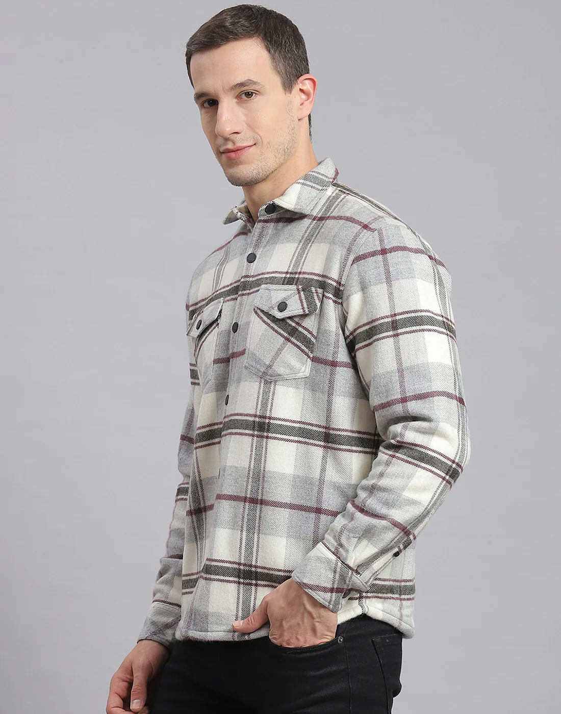 Men Grey Check Collar Sleeveless Shirt - Image 3