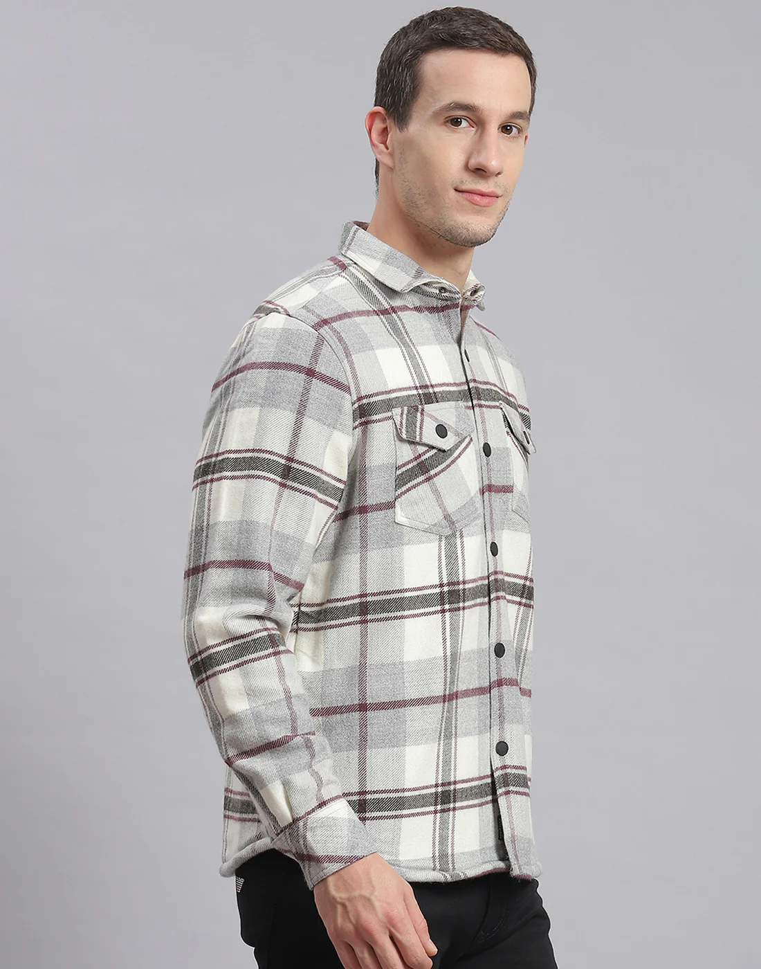 Men Grey Check Collar Sleeveless Shirt - Image 4