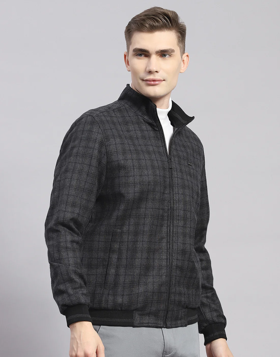 Men Grey Check Mandarin Collar Full Sleeve Jacket - Image 4