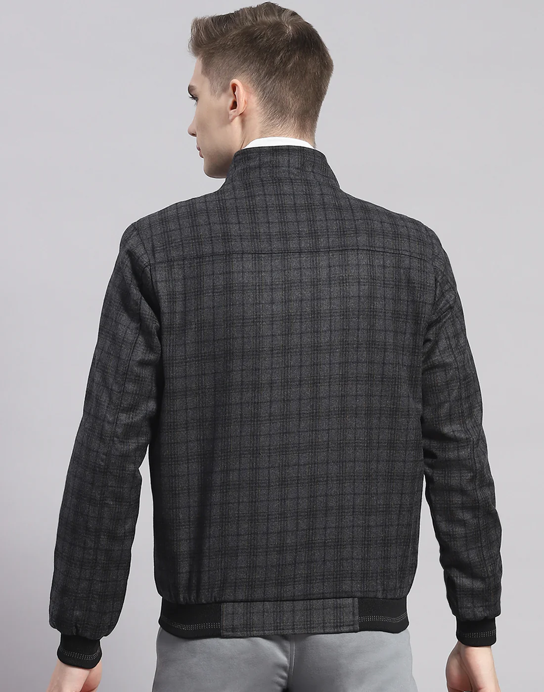 Men Grey Check Mandarin Collar Full Sleeve Jacket - Image 5