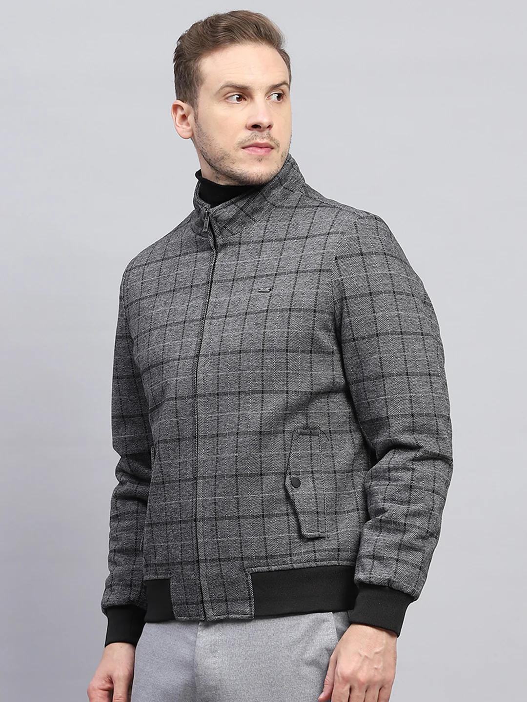 Men Grey Check Mock Neck Full Sleeve Coat - Image 3
