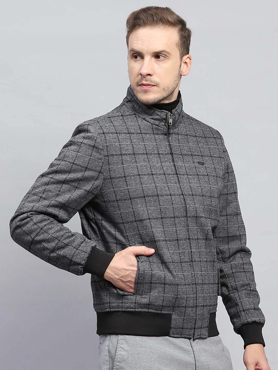 Men Grey Check Mock Neck Full Sleeve Coat - Image 4