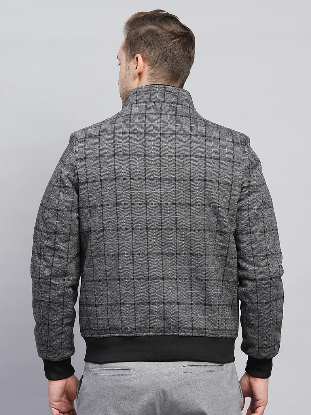 Men Grey Check Mock Neck Full Sleeve Coat - Image 5