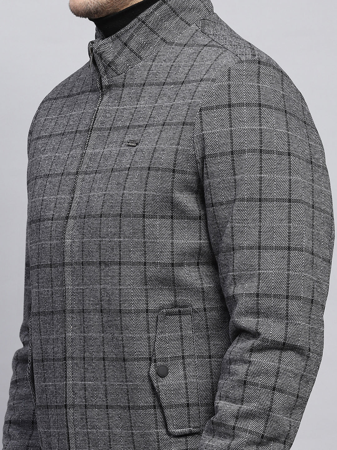 Men Grey Check Mock Neck Full Sleeve Coat - Image 6