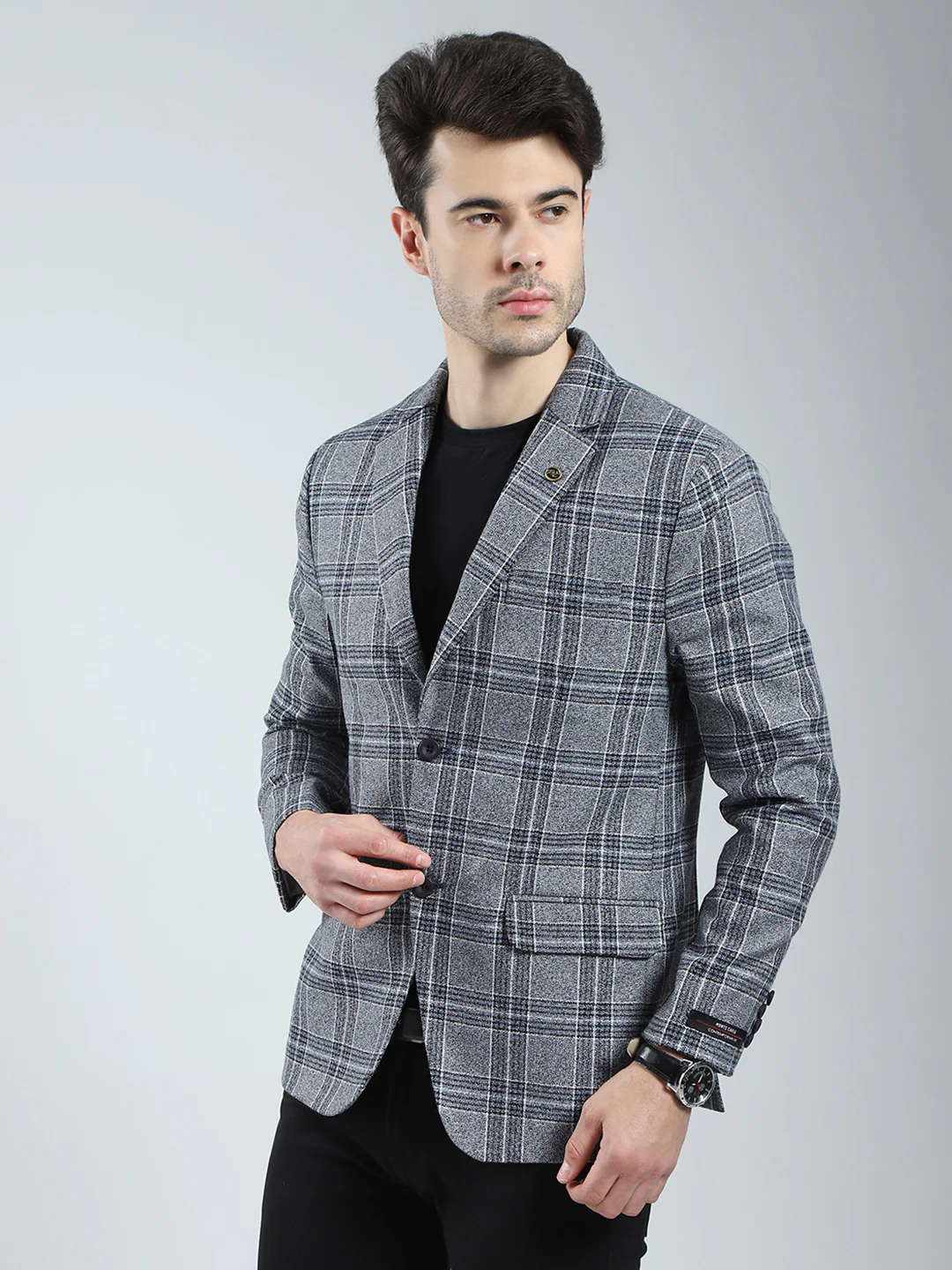 Men Grey Check Notch Lapel Collar Full Sleeve Blazer - Image 3