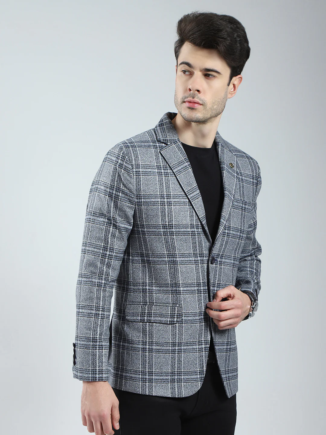 Men Grey Check Notch Lapel Collar Full Sleeve Blazer - Image 4