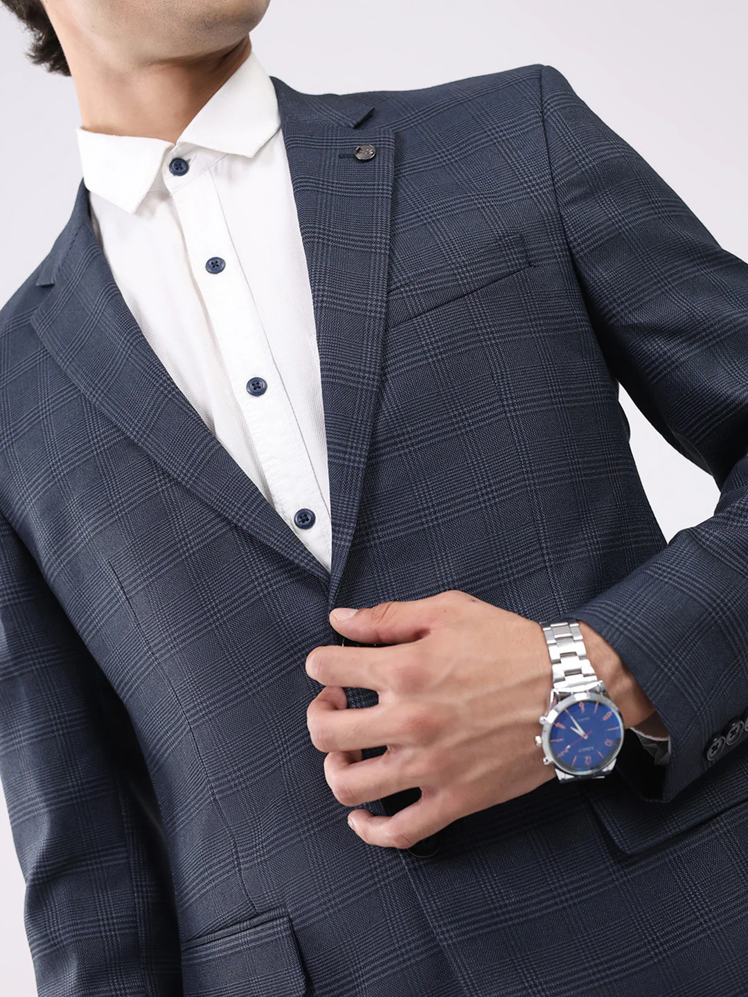 Men Grey Check Notch Lapel Collar Full Sleeve Coat - Image 6