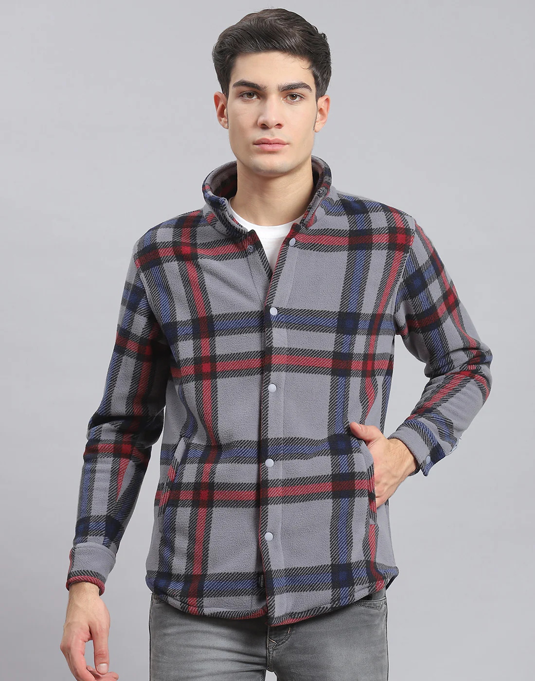 Men Grey Check Stand Collar Full Sleeve Sweatshirt - Image 2