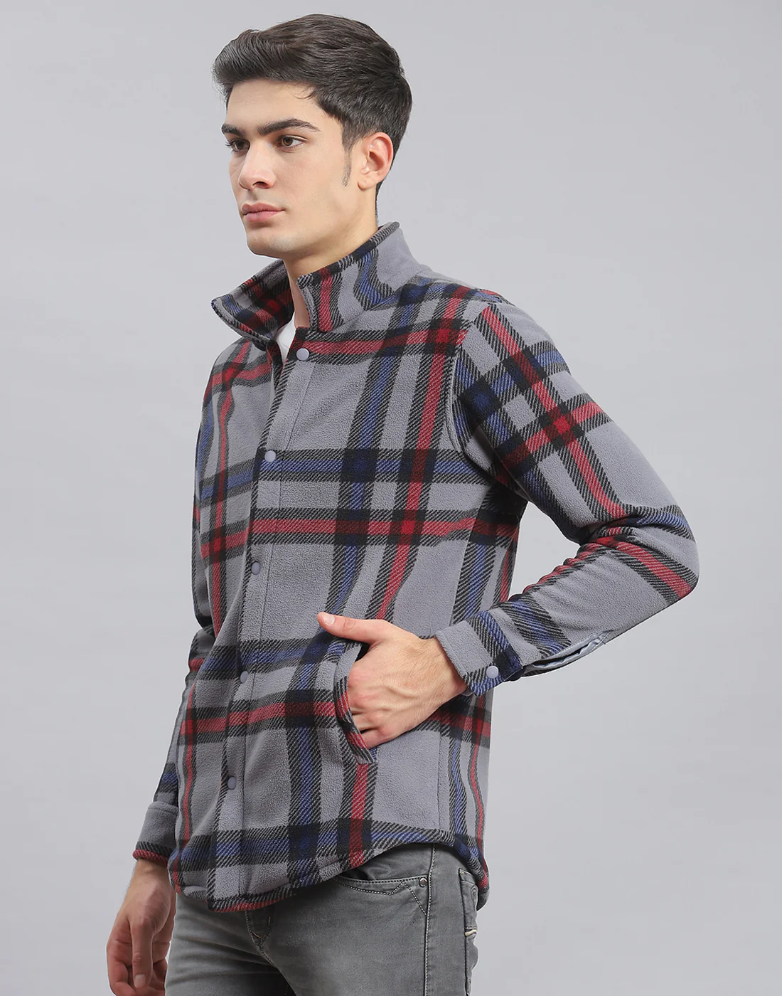 Men Grey Check Stand Collar Full Sleeve Sweatshirt - Image 3