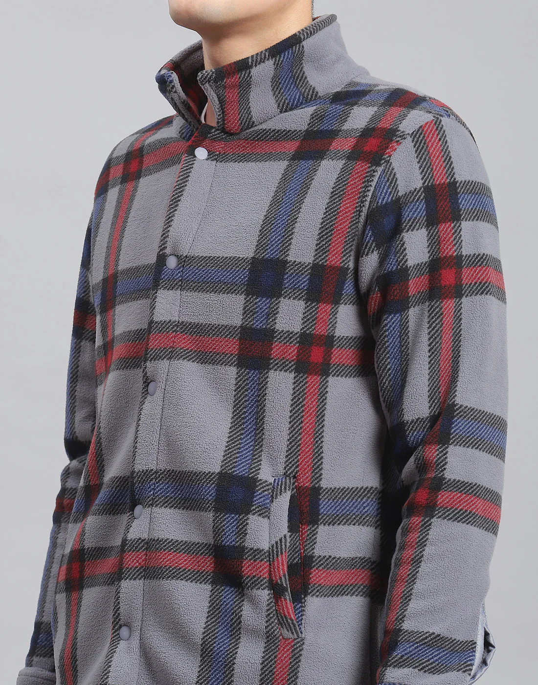 Men Grey Check Stand Collar Full Sleeve Sweatshirt - Image 6
