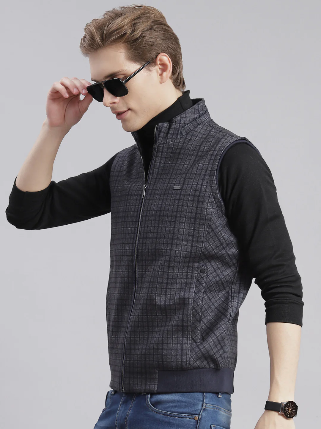 Men Grey Check Stand Collar Sleeveless Jackets - Image 5