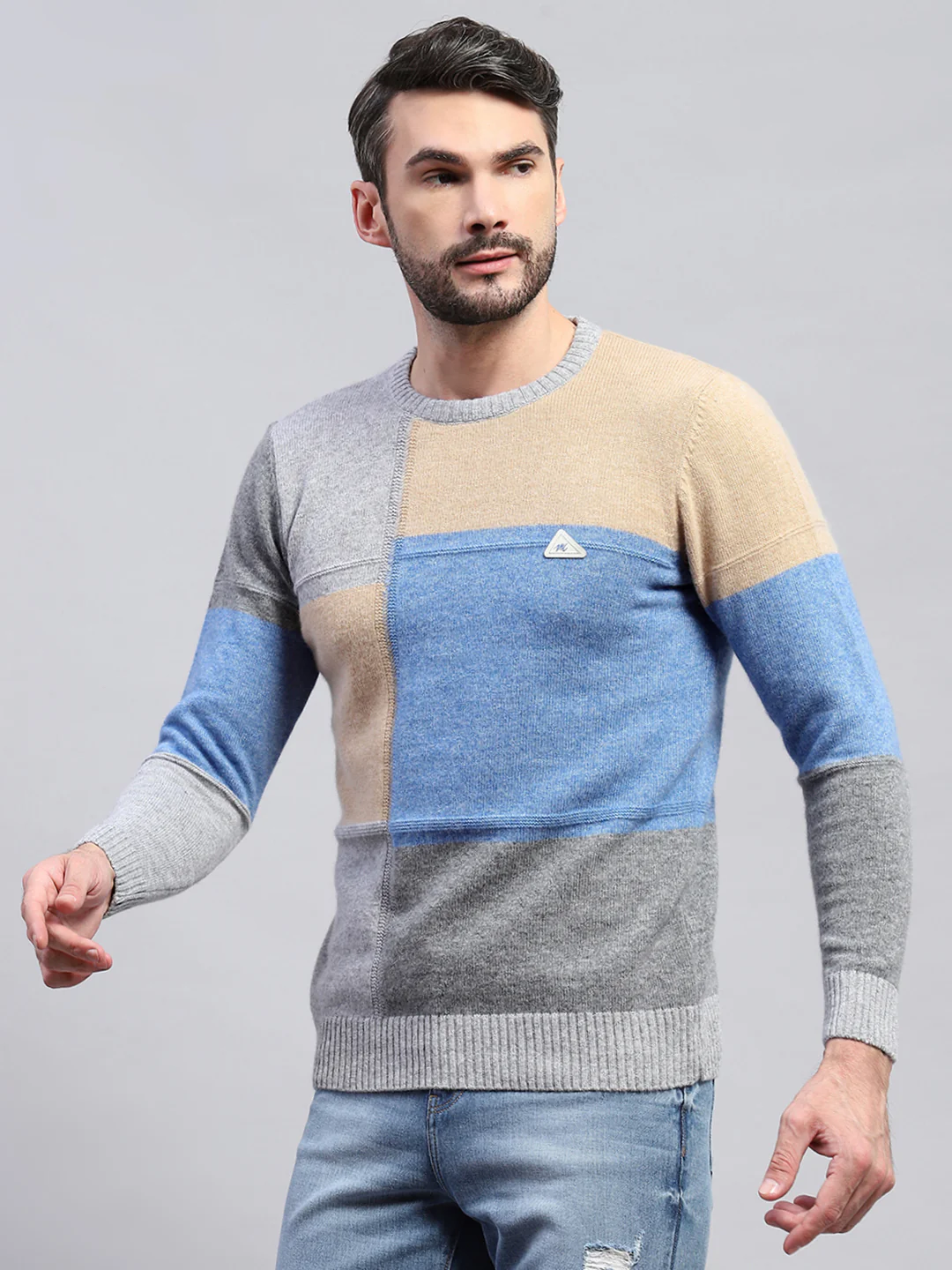 Men Grey Colourblocked Round Neck Full Sleeve Pullover - Image 3