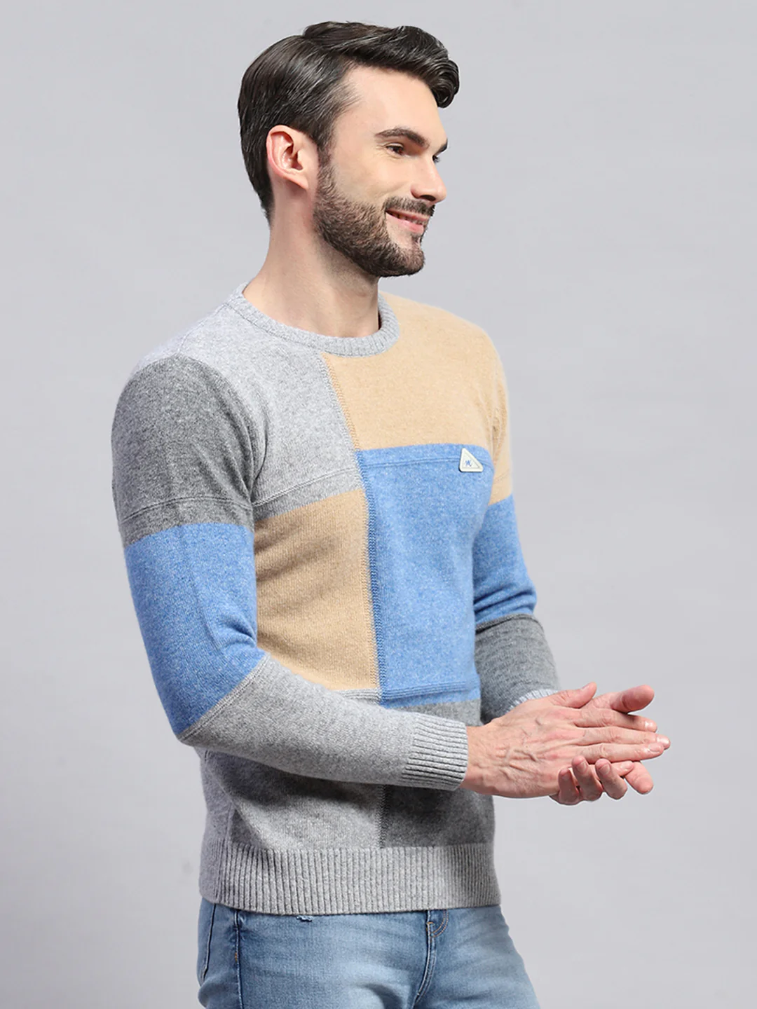 Men Grey Colourblocked Round Neck Full Sleeve Pullover - Image 4