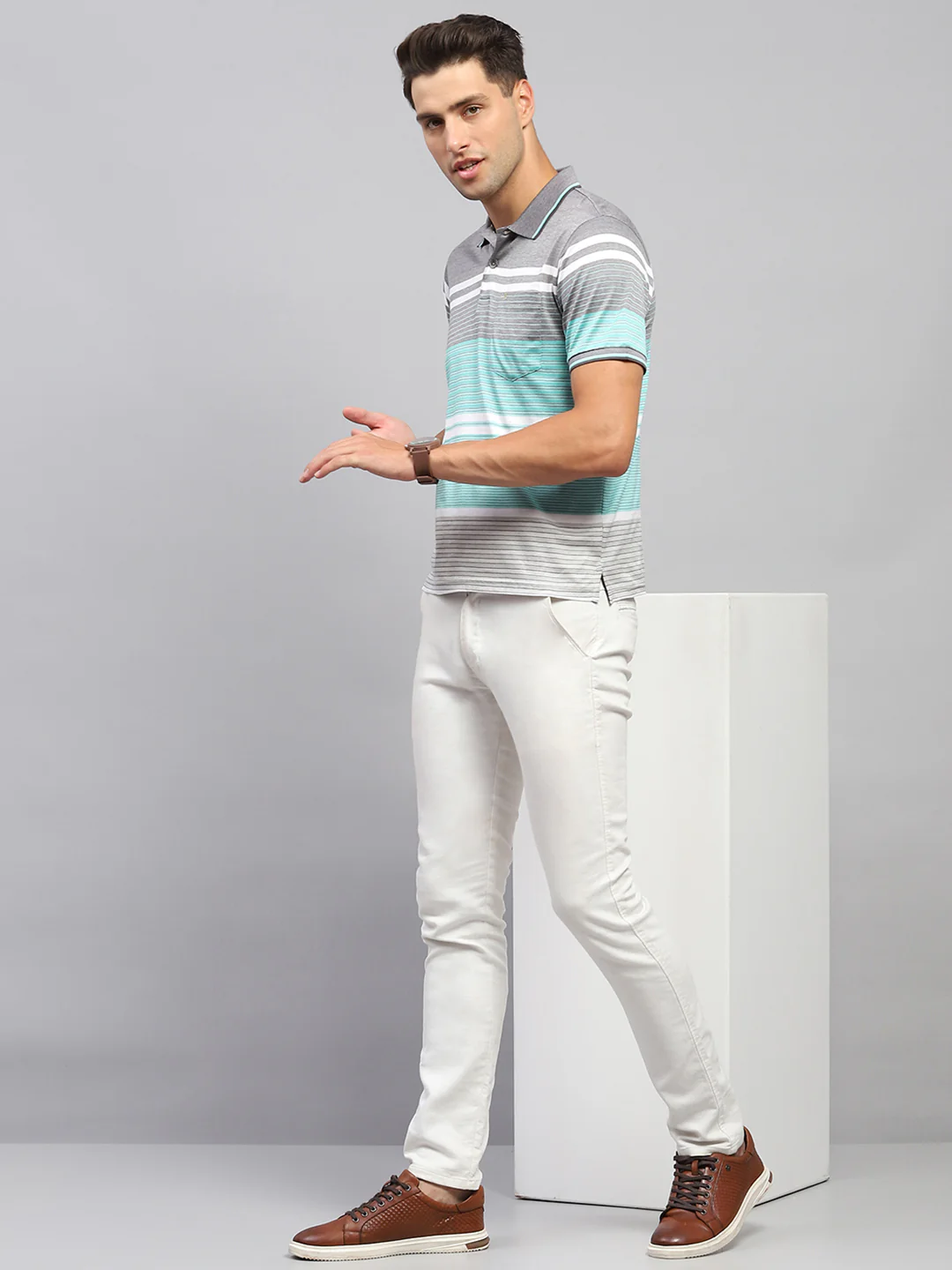 Men Grey & Green Stripe Collar Half Sleeve T-Shirt - Image 2